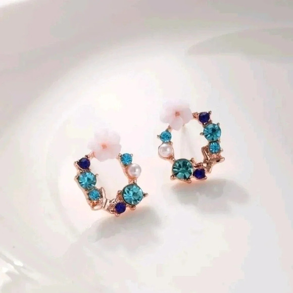 Circle floral design gold plated jewelry earrings cute gemstone beaded accessori - Picture 3 of 3